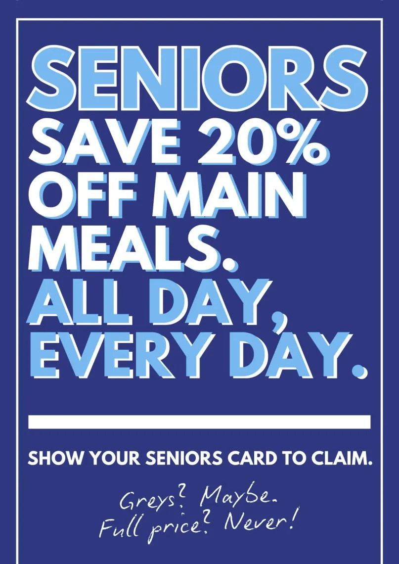 Enjoy our Seniors Discount all day, every day with our meals at The Ox Tavern